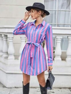 SHEIN Essnce Striped Print Belted Shirt Dress