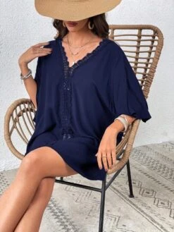 SHEIN VCAY Guipure Lace Panel Batwing Sleeve Cover Up Dress -Curated Swimwear 1690702949acb924def447839ceb1a6d99d350fe30 thumbnail 405x552