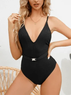 2023 Women's One Piece Swimsuit With Solid Color & Texture Feel, Belted And Buckled, Bikini -Curated Swimwear 169072000675cdf1fc72e08d986498e5a318afd86b