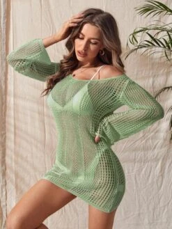 Tie Backless Trumpet Sleeve Open Knit Cover Up Dress Without Bikini