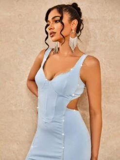 Rhinestone Cut Out Waist Split Thigh Solid Dress -Curated Swimwear 169096872572ee7c3619b0bb8e3431ce47e6f10e5a thumbnail 405x552