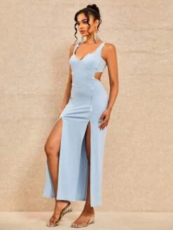 Rhinestone Cut Out Waist Split Thigh Solid Dress -Curated Swimwear 169096874351d5fffb8576019d612790c0e149bc54 thumbnail 405x552