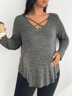 SHEIN Maternity Plus Crisscross Front Marled Knit Tee -Curated Swimwear 1690973059d294970d7b624798b8ad5698cdd66942 thumbnail 405x552