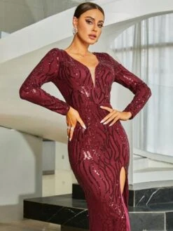 Missord Plunging Neck Split Thigh Sequin Party Dress -Curated Swimwear 16911651822f8957a8310e1770881a41cc5f54a218 thumbnail 405x552