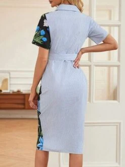 SHEIN Clasi Striped & Floral Print Belted Shirt Dress