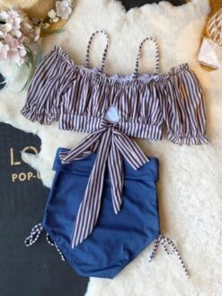 Women's Colorblock Striped Cold Shoulder Short Sleeve Swimsuit With High Waisted Bottoms, Butterfly Tie Back, Conservative Beach Holiday Swimwear