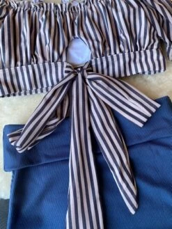 Women's Colorblock Striped Cold Shoulder Short Sleeve Swimsuit With High Waisted Bottoms, Butterfly Tie Back, Conservative Beach Holiday Swimwear -Curated Swimwear 169141507747fd23b128f758af1bfc1718c930b66c thumbnail 405x552