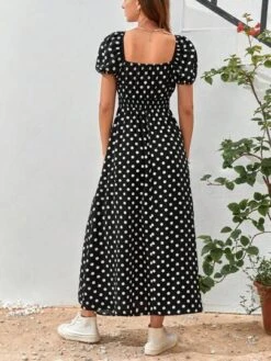 SHEIN VCAY Polka Dot Print Square Neck Puff Sleeve Dress