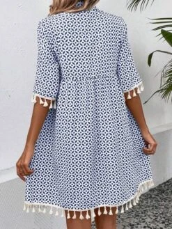 SHEIN VCAY Allover Print Tassel Trim Notched Neckline Dress