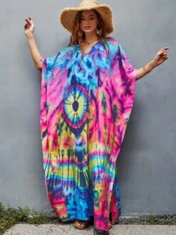 Women's Long V-neck Half Sleeve Cover Up Kaftan Maxi Dress, Printed, Summer Beach Vacation Wear
