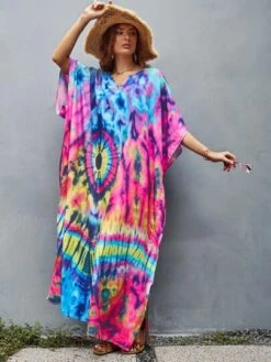 Women's Long V-neck Half Sleeve Cover Up Kaftan Maxi Dress, Printed, Summer Beach Vacation Wear -Curated Swimwear 1691824662cff763031972dfc08569ffa70924d82a thumbnail 405x552