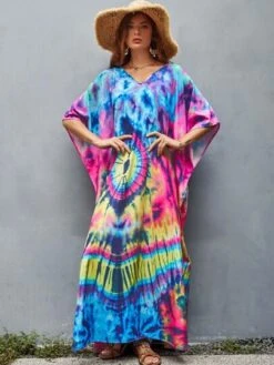 Women's Long V-neck Half Sleeve Cover Up Kaftan Maxi Dress, Printed, Summer Beach Vacation Wear -Curated Swimwear 1691824744417c60fd845fdb11b4496f497abdfa1d thumbnail 405x552