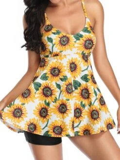 Women's Sunflower Pattern Swimsuit Dress With Spaghetti Strap