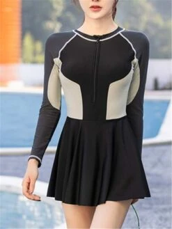 Women's Long Sleeve Color Block Zipper One Piece Swimsuit With Shorts