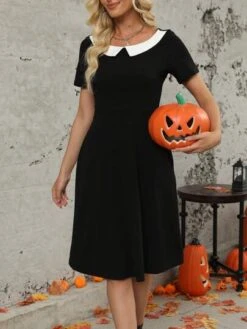 Halloween Wednesday Adams Black Dress Cosplay Costumes Black A-line Dress Short Sleeves -Curated Swimwear 16922772630b7a24ac395b2549e70782ccc977906b thumbnail 405x552
