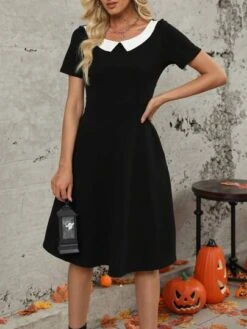 Halloween Wednesday Adams Black Dress Cosplay Costumes Black A-line Dress Short Sleeves -Curated Swimwear 169227726501eebf15d686f36aeab41b22a9042ee0 thumbnail 405x552