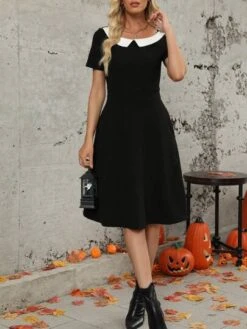 Halloween Wednesday Adams Black Dress Cosplay Costumes Black A-line Dress Short Sleeves -Curated Swimwear 16922772703e0aef848f53ecb2535439b7f8a7da23 thumbnail 405x552