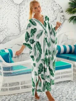 Tropical Print Batwing Sleeve Split Thigh Cover Up -Curated Swimwear 169232266802d42f3f3ff87a1541cf75b142f5f983 thumbnail 405x552